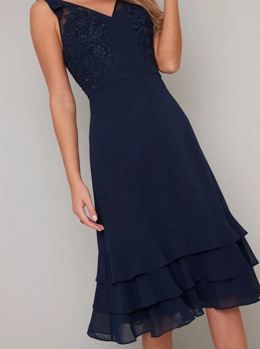 Lace Bodice V Neck Tiered Hem Midi Dress in Blue sold by Chi Chi London product image thumbnail 4