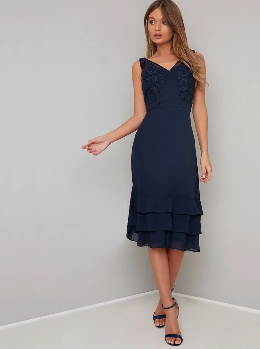 Lace Bodice V Neck Tiered Hem Midi Dress in Blue sold by Chi Chi London product image thumbnail 2