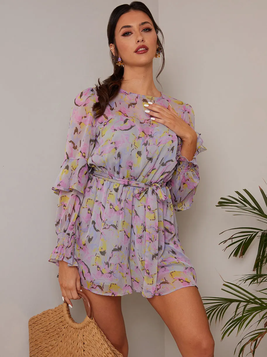 Long Sleeve Floral Playsuit in Grey sold by Chi Chi London product image thumbnail 4