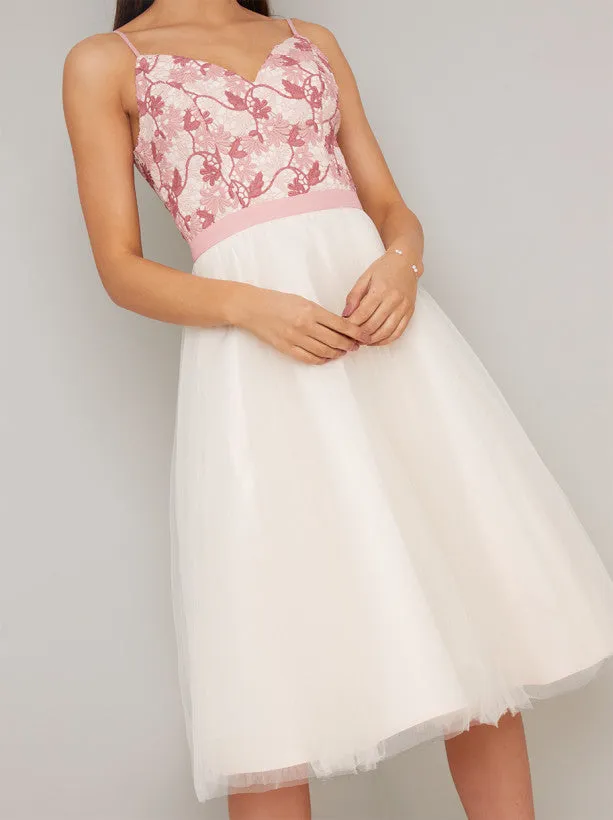 Cami Strap Lace Layered Tulle Midi Dress in Pink sold by Chi Chi London product image thumbnail 2