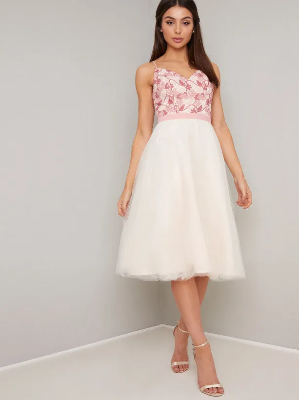 Cami Strap Lace Layered Tulle Midi Dress in Pink sold by Chi Chi London
