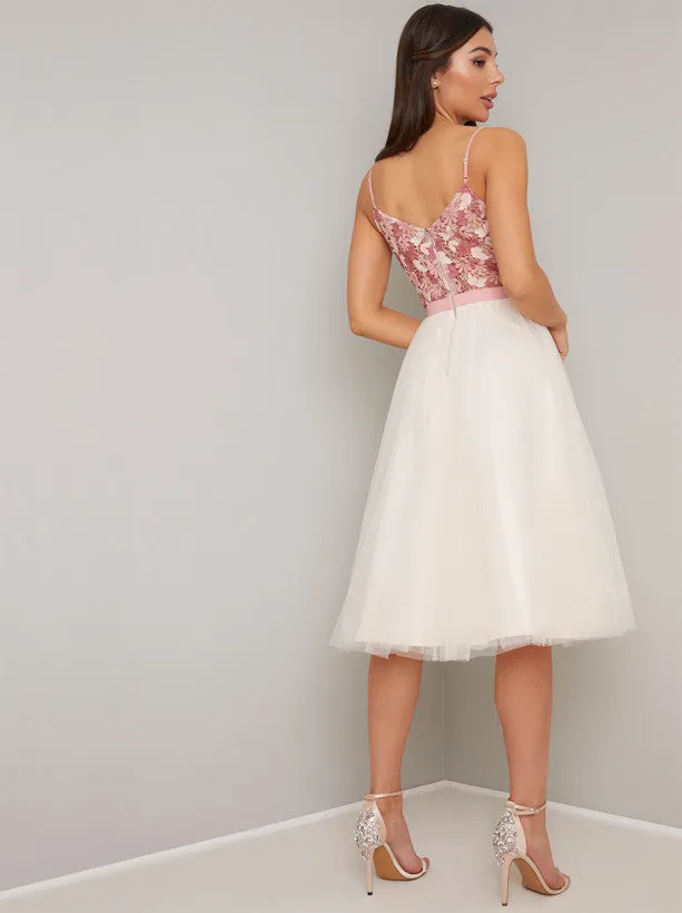 Cami Strap Lace Layered Tulle Midi Dress in Pink sold by Chi Chi London product image thumbnail 4