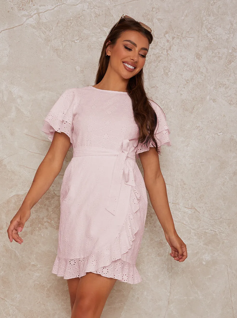 Broderie Anglais Mini Dress with Ruffle Trim in Pink sold by Chi Chi London product image thumbnail 4