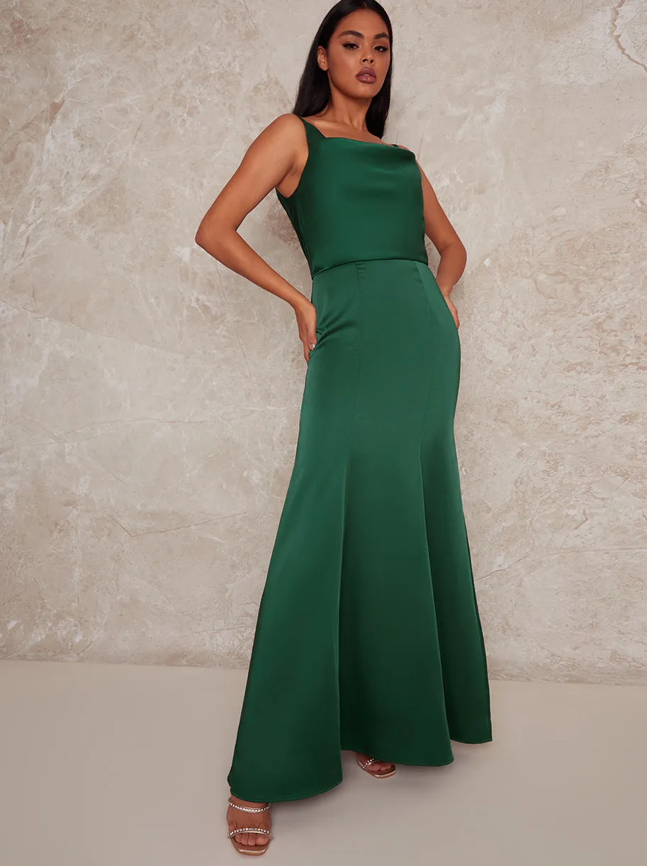 Cowl Neck Satin Slip Maxi Dress in Green sold by Chi Chi London
