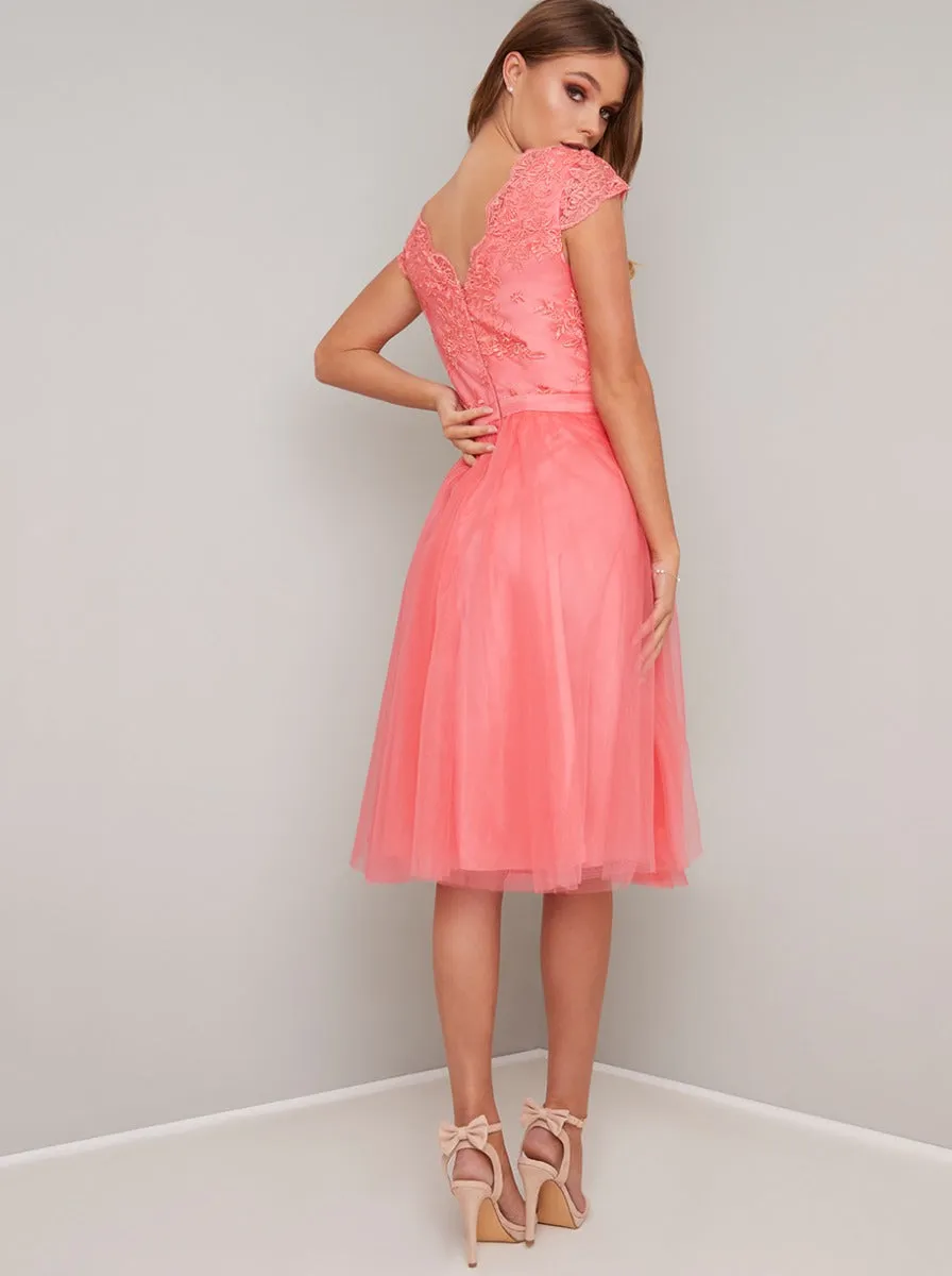 Skater Midi Dress in Coral sold by Chi Chi London product image thumbnail 3