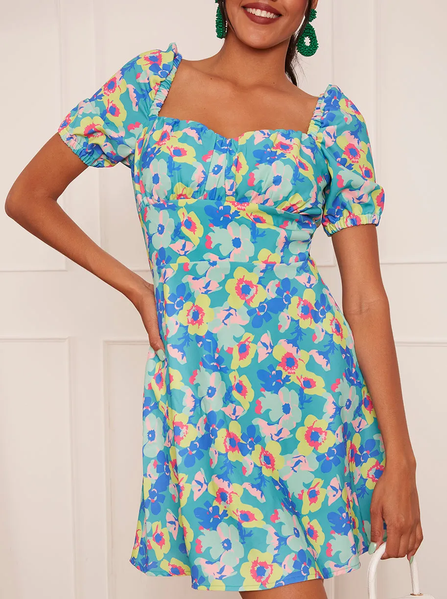 Puff Sleeve Floral Print Mini Dress in Green sold by Chi Chi London product image thumbnail 4