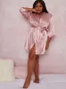 Plus Size Tie Waist Satin Look Robe in Pink sold by Chi Chi London