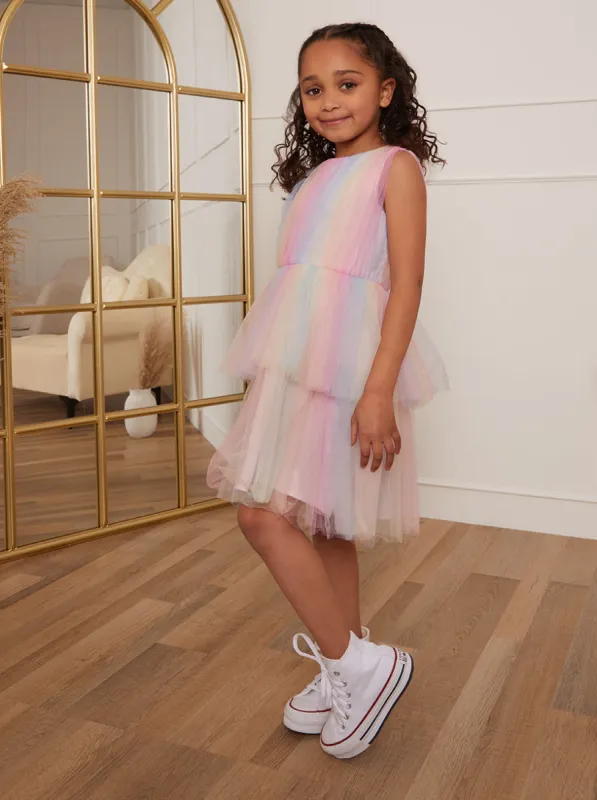 Girls Rainbow Tiered Tulle Midi Dress in Multi sold by Chi Chi London