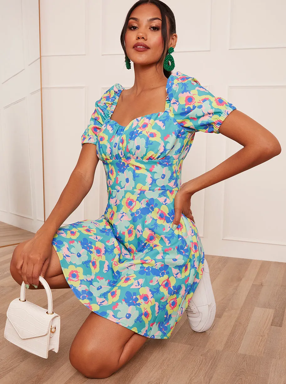 Puff Sleeve Floral Print Mini Dress in Green sold by Chi Chi London product image thumbnail 2