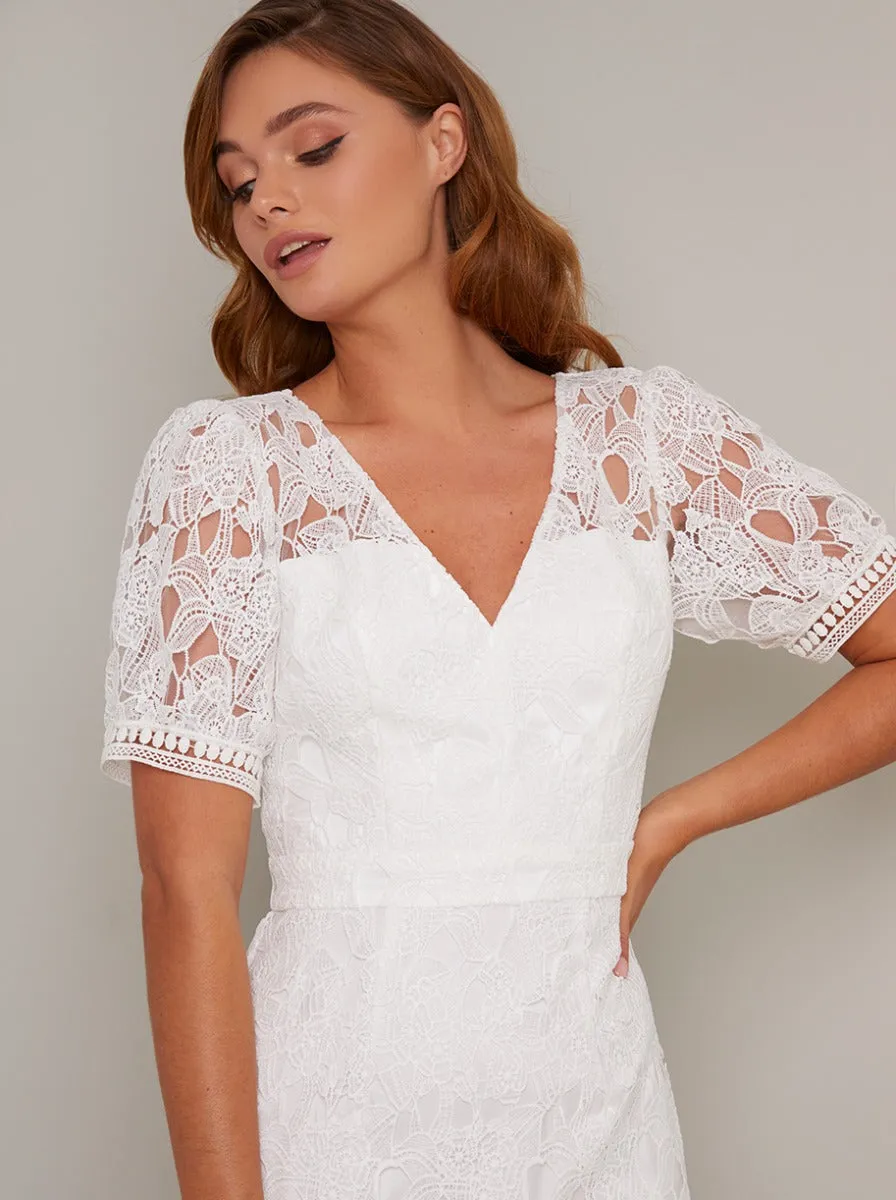 Short Sleeved Crochet Peplum Hem Midi Dress in White sold by Chi Chi London product image thumbnail 2