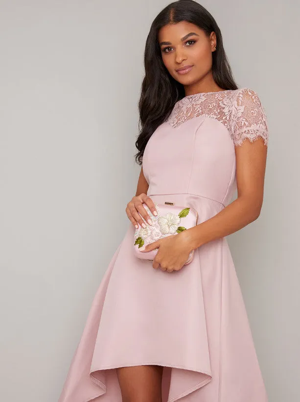 Lace Bodice Detail Dip Hem Dress in Pink sold by Chi Chi London product image thumbnail 3