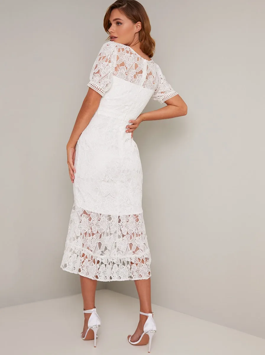 Short Sleeved Crochet Peplum Hem Midi Dress in White sold by Chi Chi London product image thumbnail 3