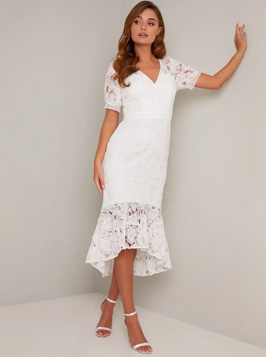 Short Sleeved Crochet Peplum Hem Midi Dress in White sold by Chi Chi London product image thumbnail 4