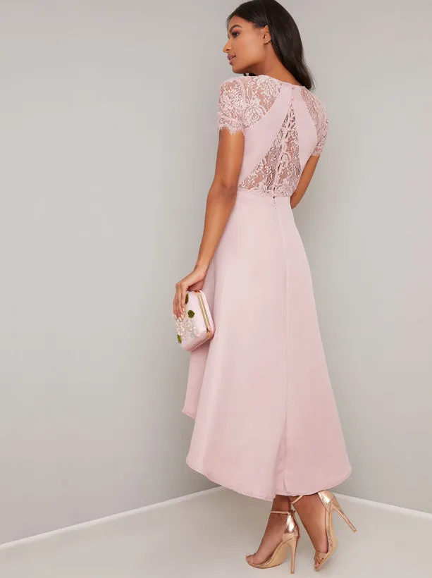 Lace Bodice Detail Dip Hem Dress in Pink sold by Chi Chi London product image thumbnail 2