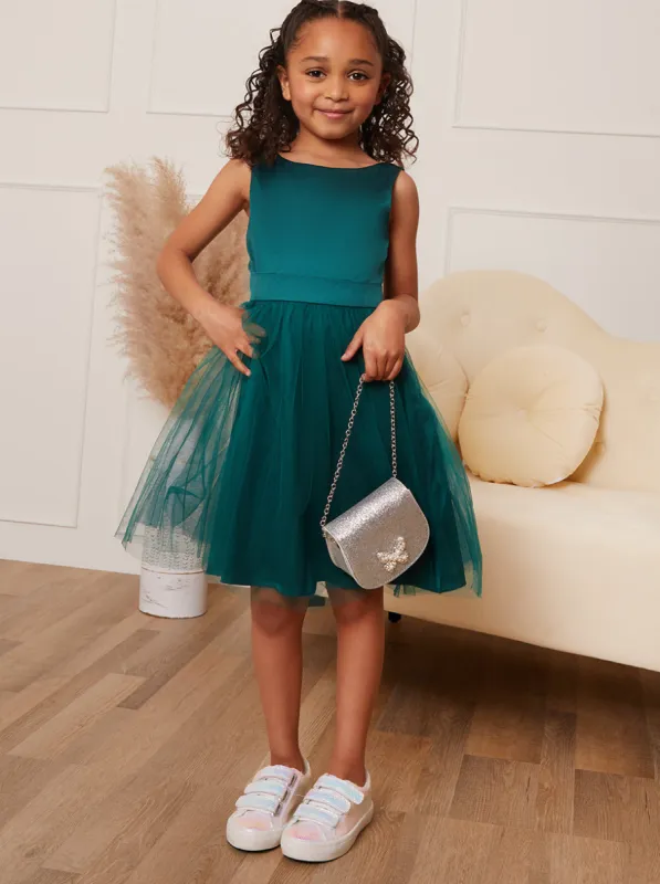 Younger Girls Satin Bodice Skater Tulle Dress in Green sold by Chi Chi London