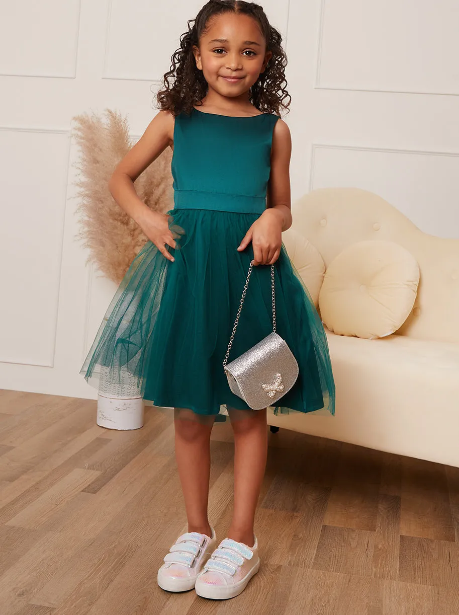 Younger Girls Satin Bodice Skater Tulle Dress in Green sold by Chi Chi London