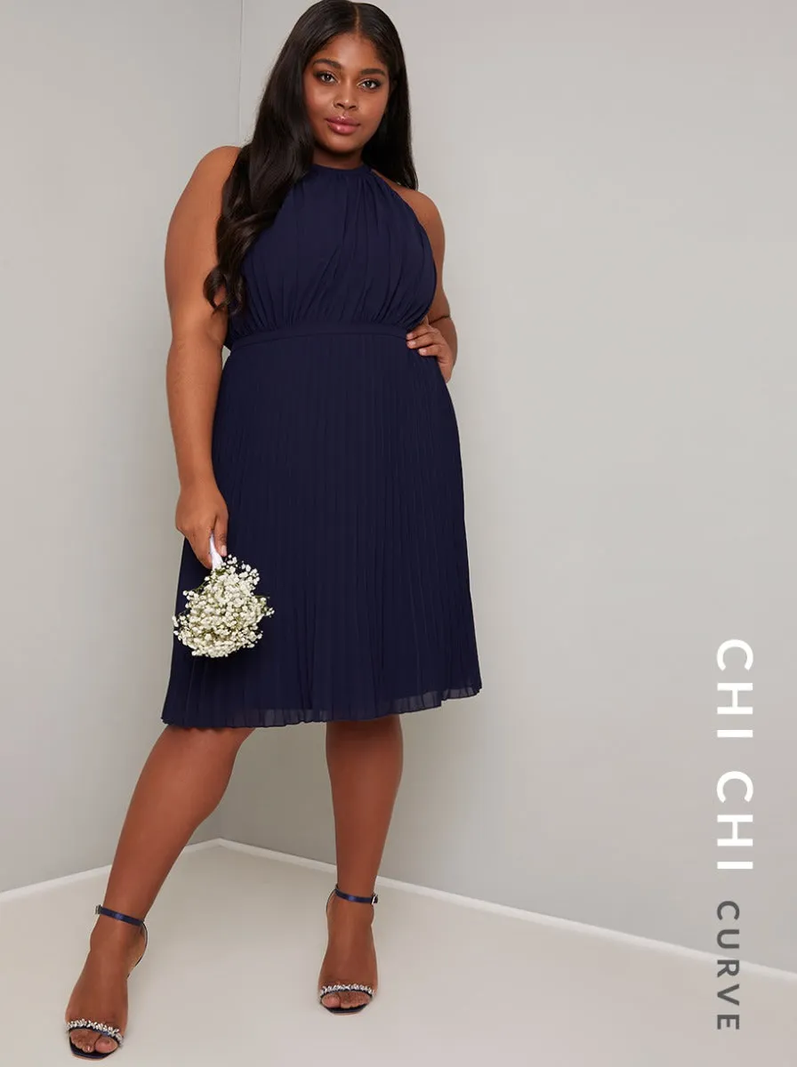 Plus Size Halterneck Pleat Midi Dress in Blue sold by Chi Chi London