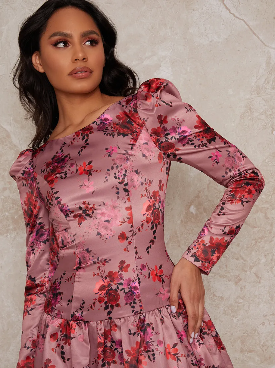 Long Sleeve Floral Print Mini Dress in Pink sold by Chi Chi London product image thumbnail 3