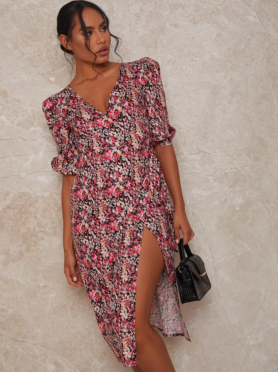 Floral Abstract Print Wrap Midi Day Dress in Red sold by Chi Chi London