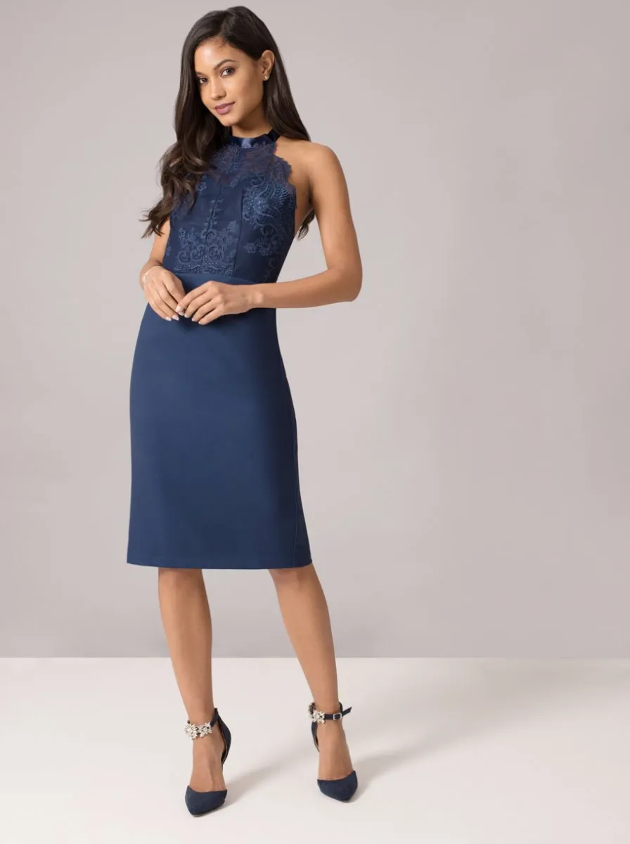 Halterneck Lace Bodice Bodycon Midi Dress in Blue sold by Chi Chi London