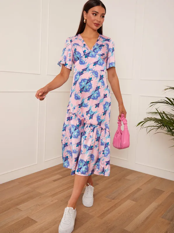 V Neck Abstract Print Midi Dress in Pink sold by Chi Chi London