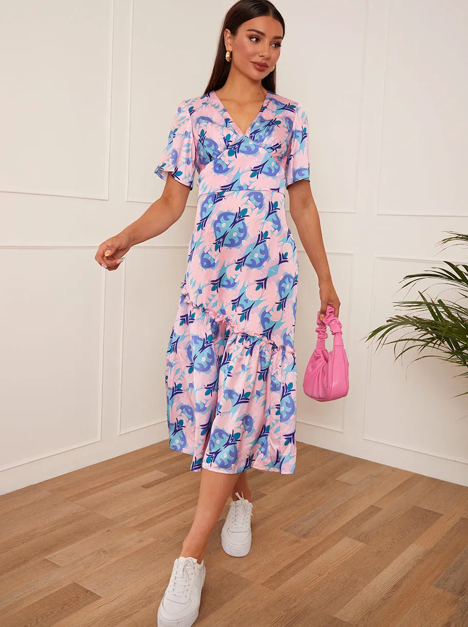 V Neck Abstract Print Midi Dress in Pink sold by Chi Chi London
