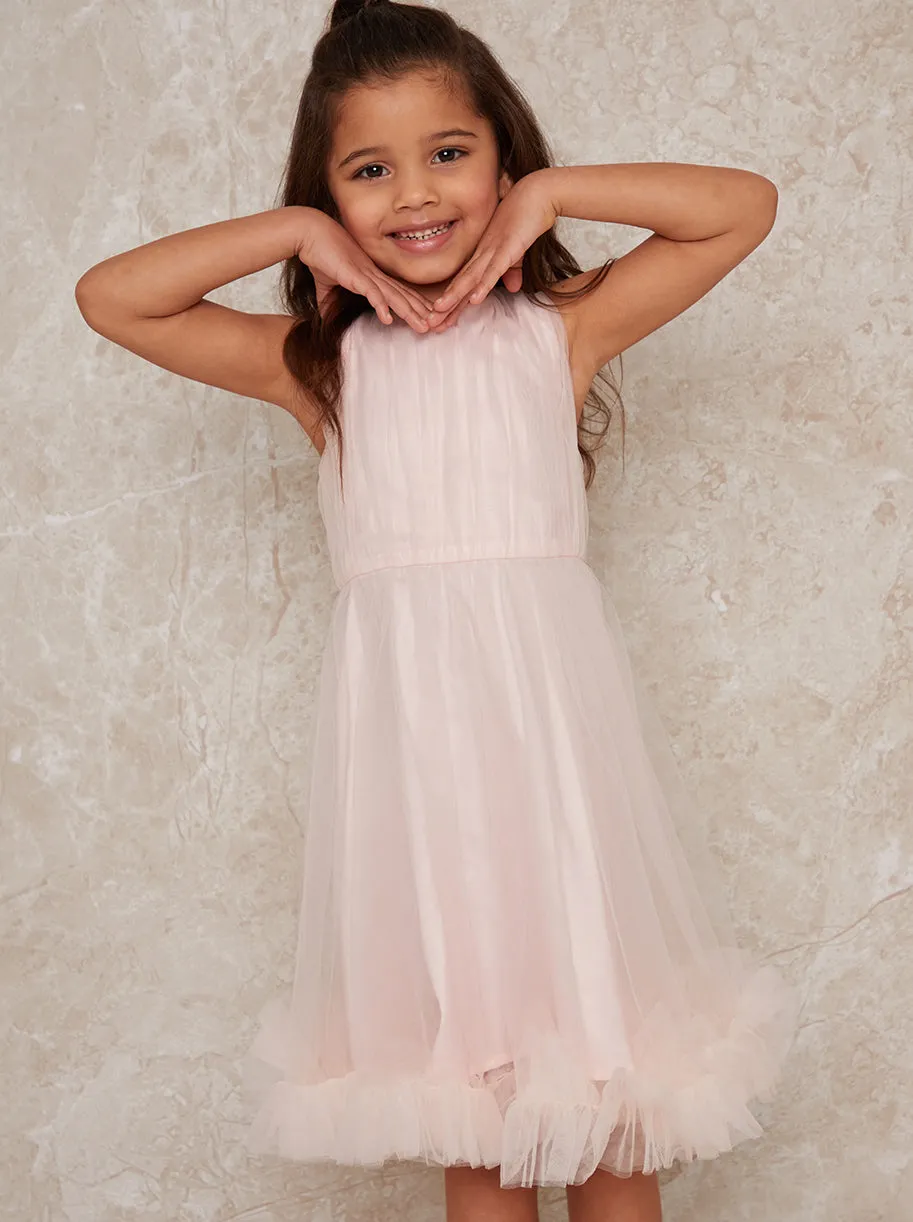 Girls Sleeveless Tulle Midi Dress in Pink sold by Chi Chi London