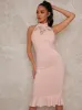 Halter Lace Peplum Hem Bodycon Midi Dress in Brown sold by Chi Chi London