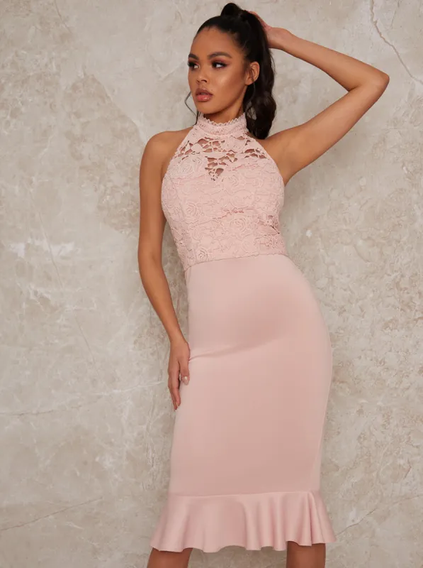 Halter Lace Peplum Hem Bodycon Midi Dress in Brown sold by Chi Chi London
