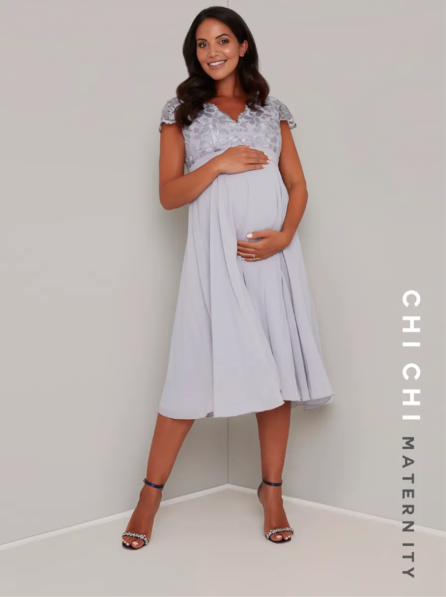 Maternity Lace Cap Sleeved Midi Dress in Blue sold by Chi Chi London product image thumbnail 2