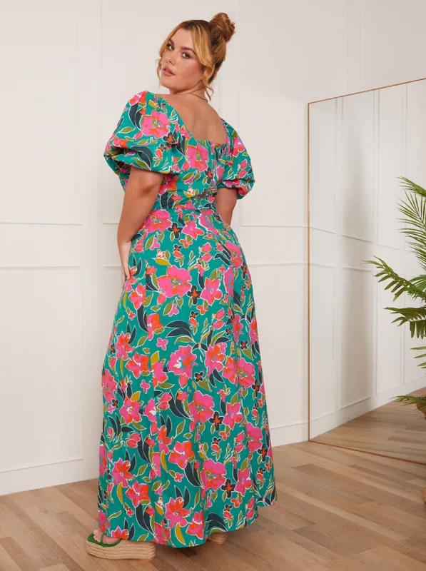 Plus Size Square Neck Floral Maxi Dress in Green sold by Chi Chi London