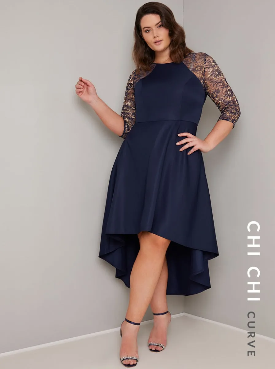 Plus Size Sheer Lace Dip Hem Midi Dress in Blue sold by Chi Chi London