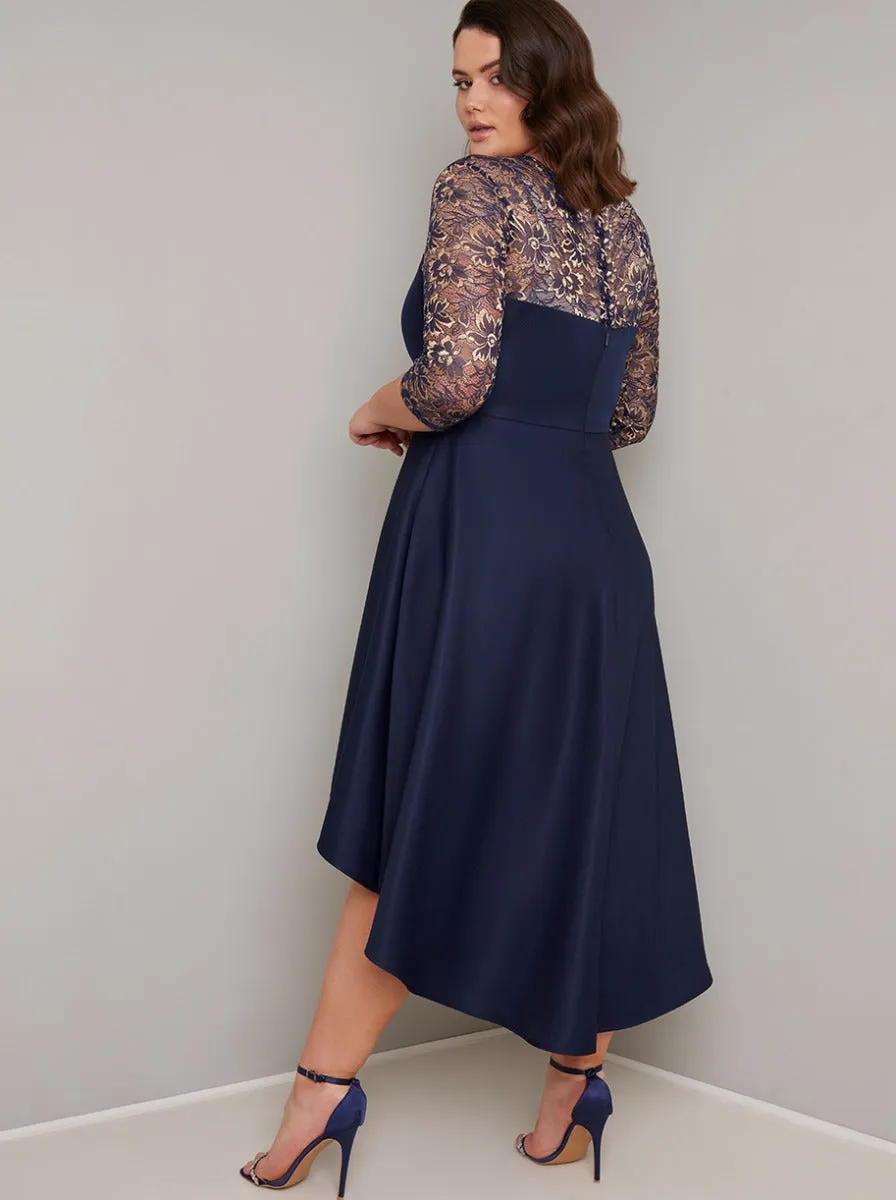 Plus Size Sheer Lace Dip Hem Midi Dress in Blue sold by Chi Chi London product image thumbnail 2