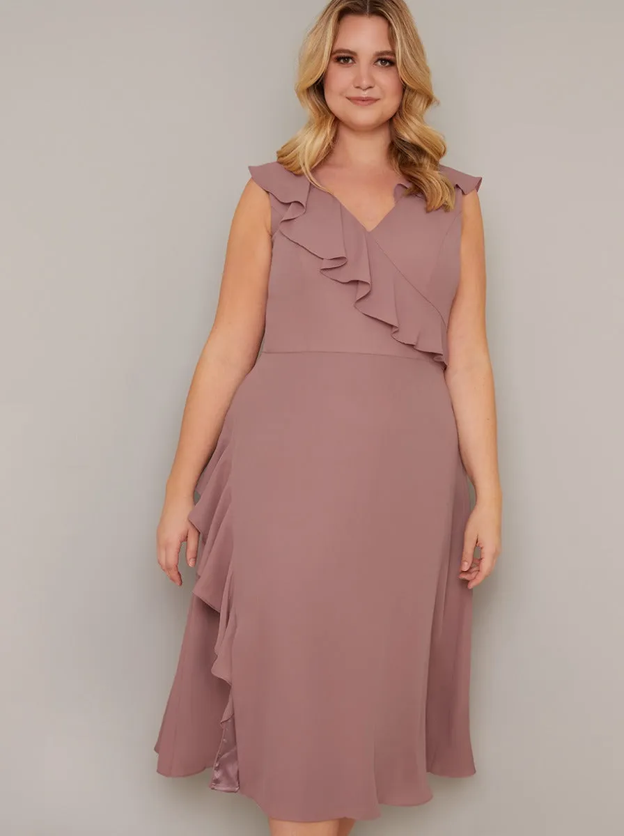 Wrap Style Frill Detailed Midi Dress in Pink sold by Chi Chi London