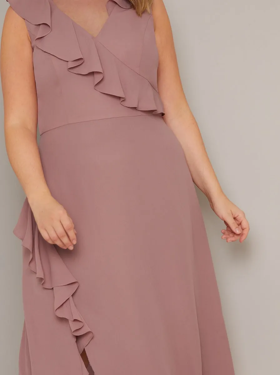 Wrap Style Frill Detailed Midi Dress in Pink sold by Chi Chi London product image thumbnail 3