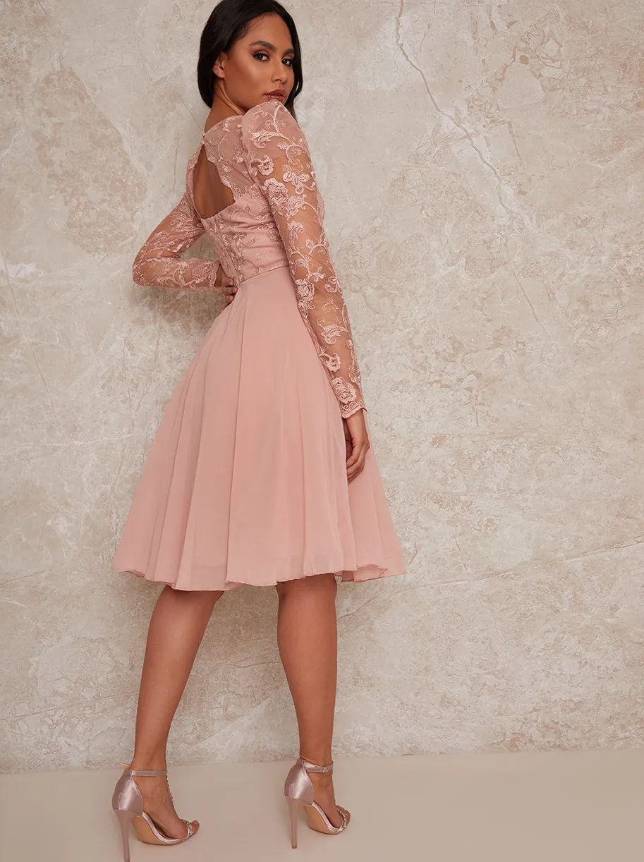 Sheer Long Sleeve Embroidered Skater Dress in Pink sold by Chi Chi London product image thumbnail 4