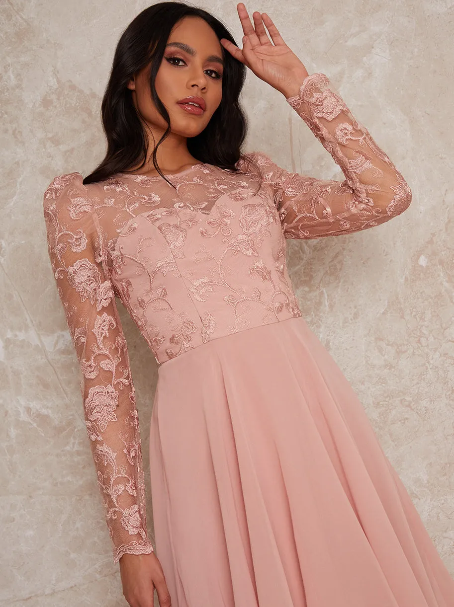 Sheer Long Sleeve Embroidered Skater Dress in Pink sold by Chi Chi London product image thumbnail 2