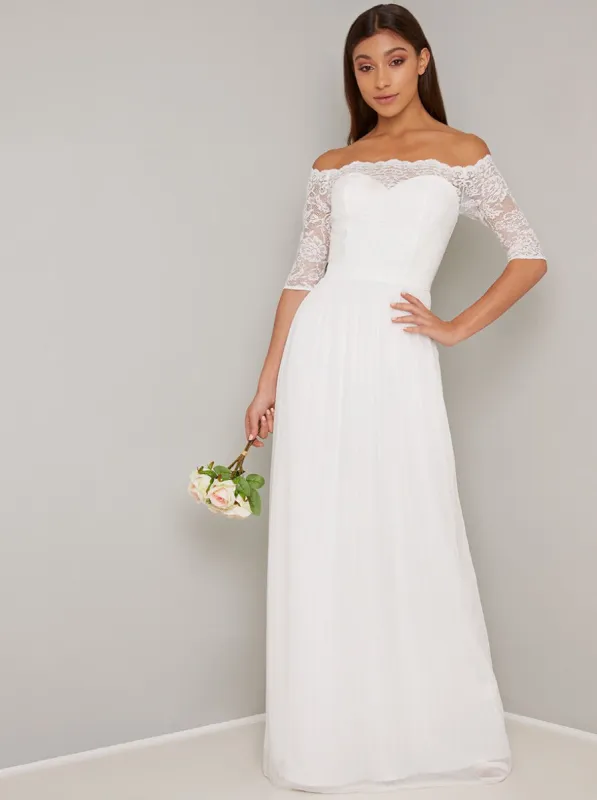 Bridal Lace Bardot Bodice Wedding Dress in White made by Chi Chi London