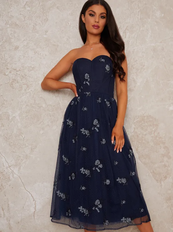 Bardot Lace Overlay Tulle Midi Dress In Navy sold by Chi Chi London
