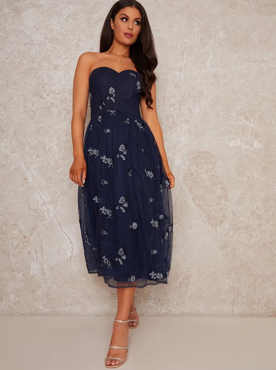 Bardot Lace Overlay Tulle Midi Dress In Navy sold by Chi Chi London product image thumbnail 3