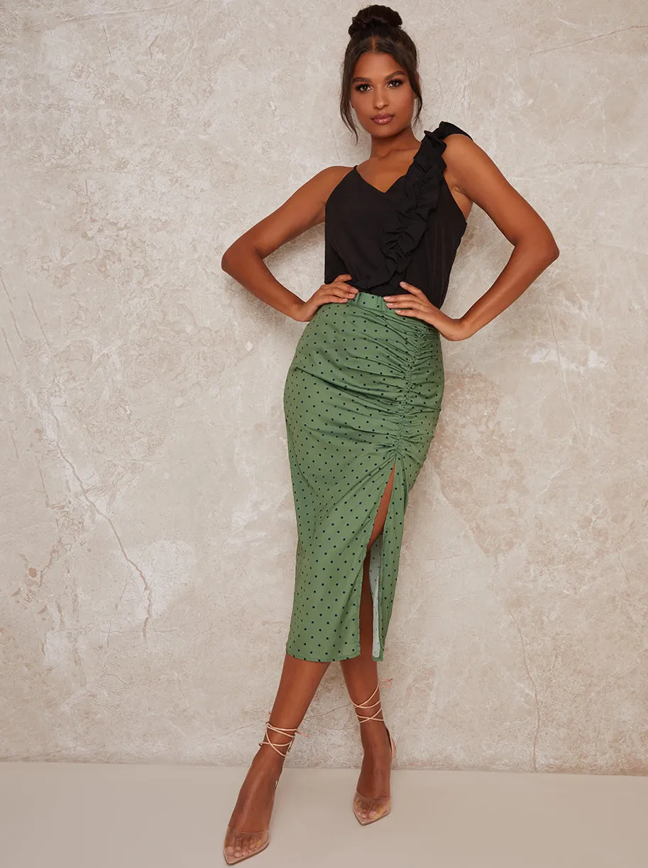 Ruched Spot Split Skirt in Green sold by Chi Chi London