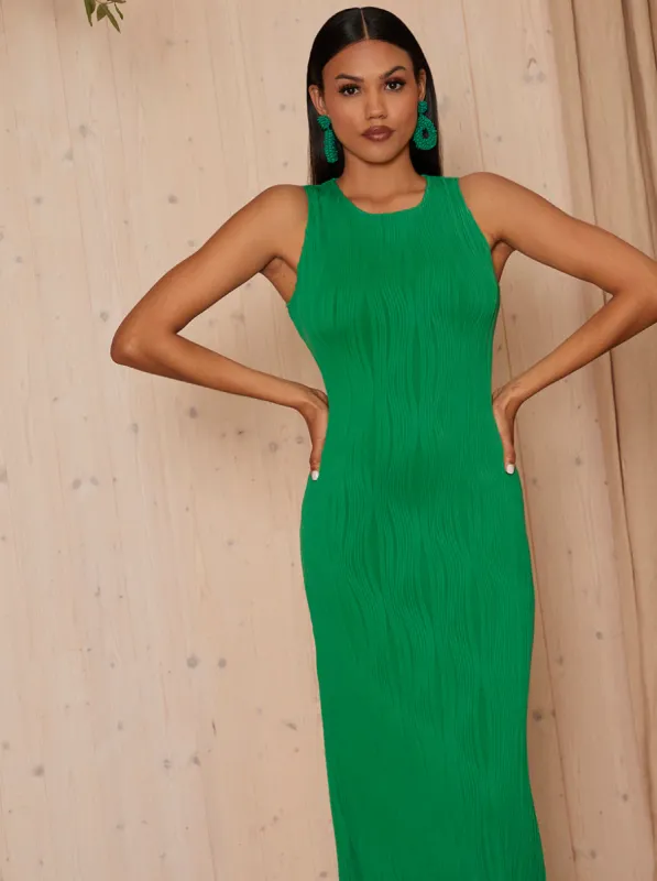 Sleeveless Swirl Plisse Maxi Dress in Green sold by Chi Chi London