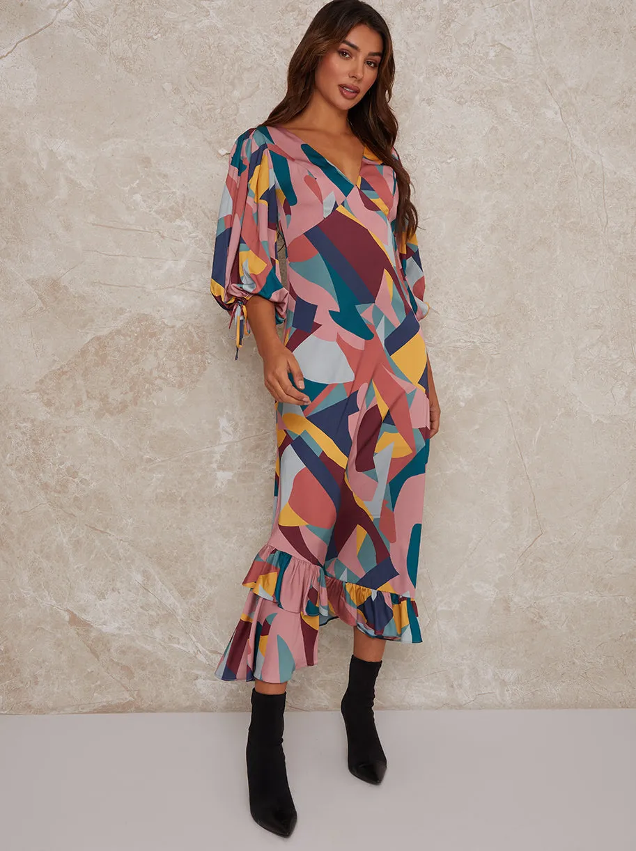 V Neck Puff Sleeve Graphic Print Maxi Dress in Multi sold by Chi Chi London
