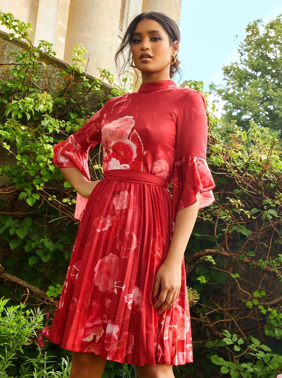 Floral Print Flare Sleeve Pleated Midi Dress in Red sold by Chi Chi London