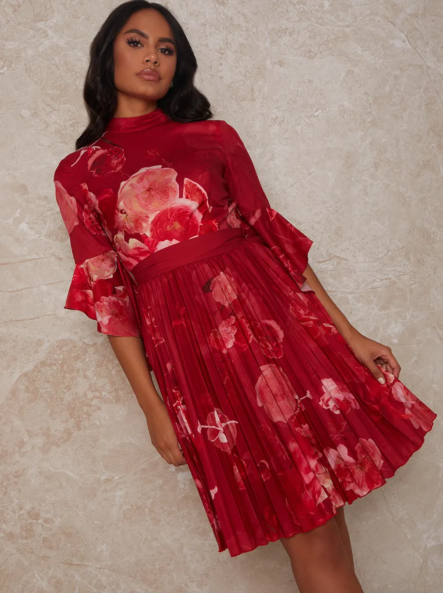 Floral Print Flare Sleeve Pleated Midi Dress in Red sold by Chi Chi London product image thumbnail 2