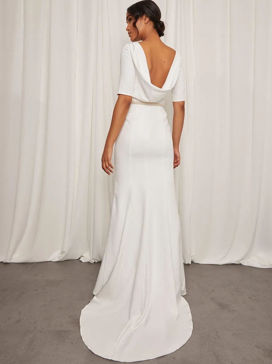 Mid Sleeve Embellished Maxi Wedding Dress in White sold by Chi Chi London