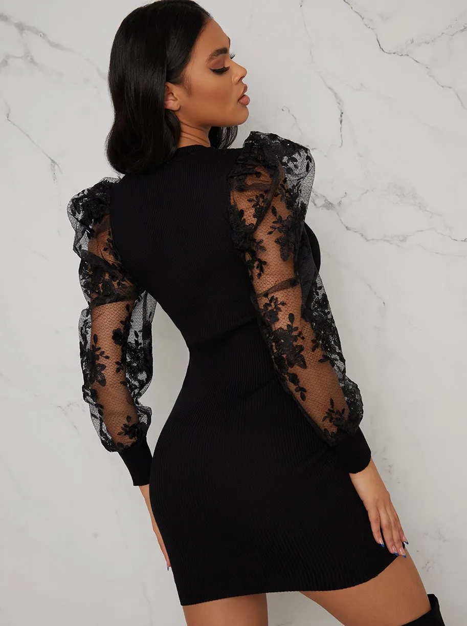 Lace Balloon Sleeved Rib Jumper Dress In Black sold by Chi Chi London product image thumbnail 4