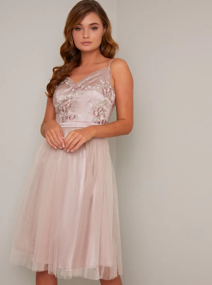 Cami Strap Vintage Lace Bodice Midi Dress in Pink sold by Chi Chi London