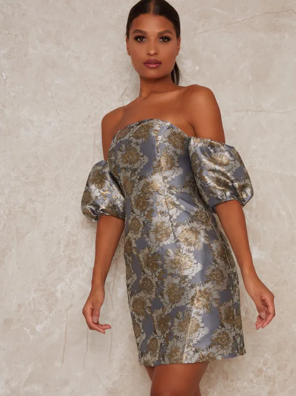 Bardot Puff Sleeve Jacquard Mini Party Dress in Multi sold by Chi Chi London