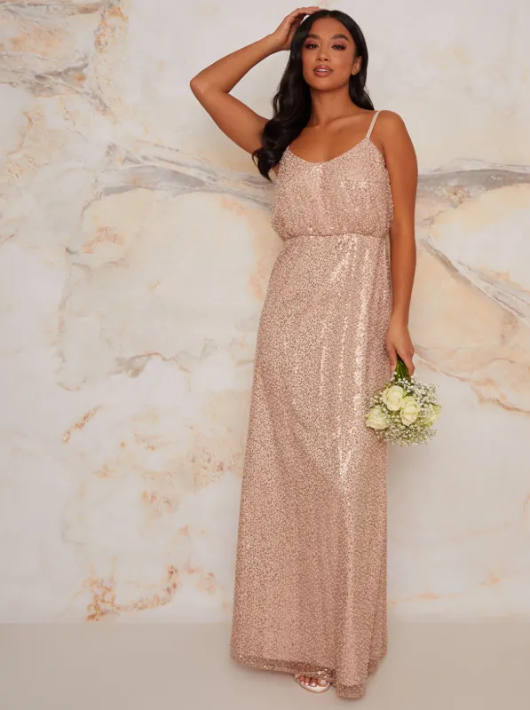 Petite Sequinned Cami Strap Maxi Dress In Champagne sold by Chi Chi London